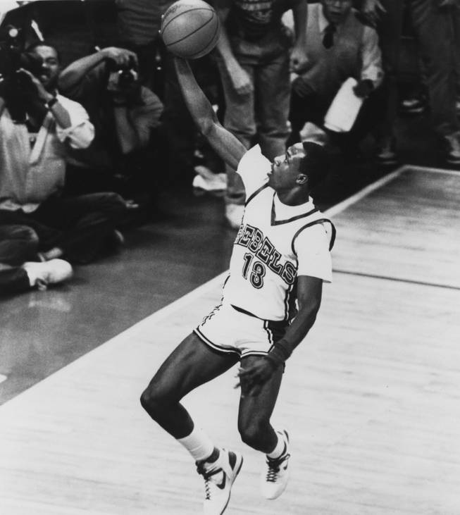 Freddie Banks converts an easy layup for the UNLV basketball team during its 1987 Final Four season.